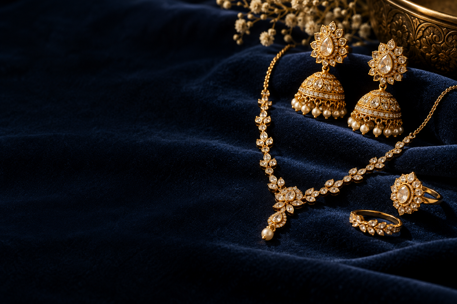 Gold-tone fashion jewellery on dark velvet